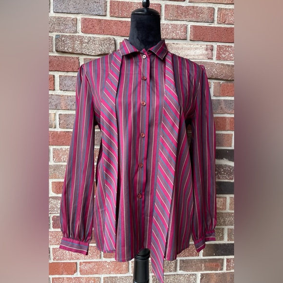 VTG James Kenrob Secretary Blouse Size 12 Womens Button Career Bow Tie - Picture 7 of 10